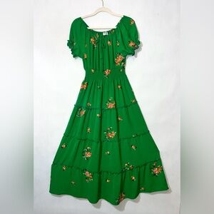 Kindred By Anthropologie Green Embroidered Boho Maxi Dress Lined Smocked LP